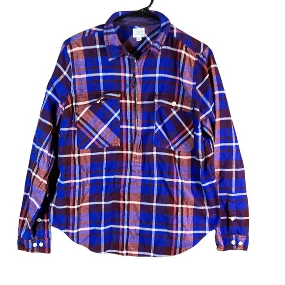 J Crew Womens Shirt Blue Multicolor Plaid Collared 1/2 Zip Long Sleeve Medium - Picture 1 of 12